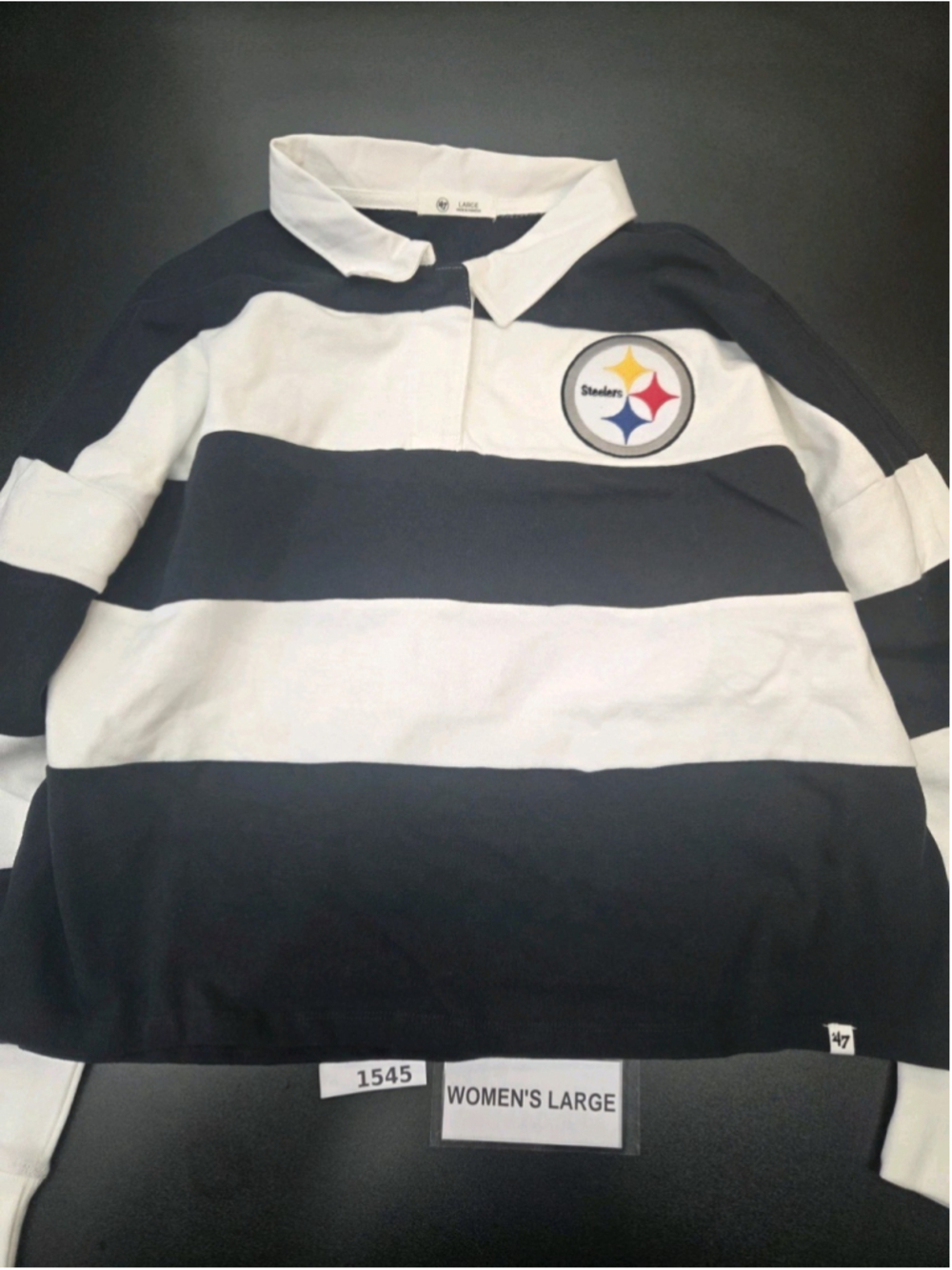 47 Brand Pittsburgh Steelers Women’s Rugby Polo Shirt Large Black Striped #1545